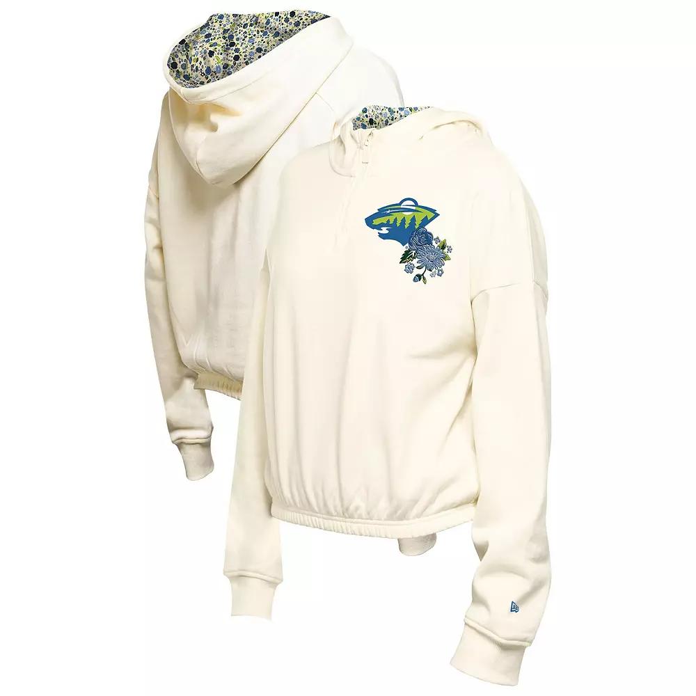Women's New Era Cream Minnesota Wild Glam Game Quarter-Zip Cropped Floral Hoodie Pullover,  Product Image