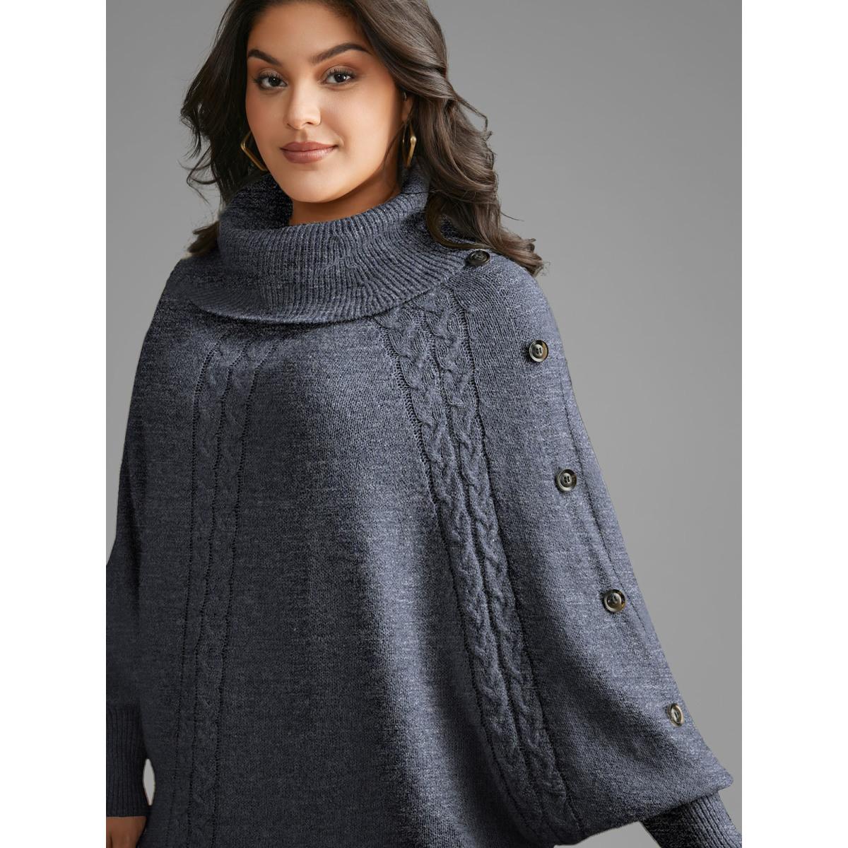 Plus Size Turtleneck Cable Knit Asymmetrical Hem Pullover Stone Women Leisure Loose Long Sleeve Ruffled collar Casual Pullovers BloomChic 10/M Product Image