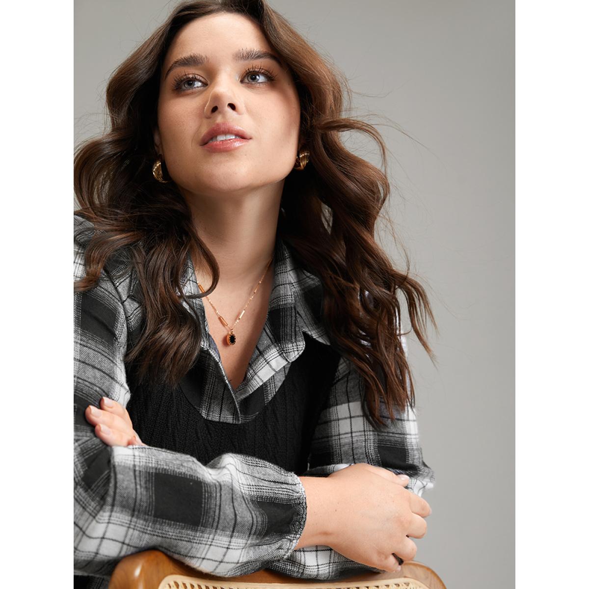 Plus Size Plaid Patchwork Jacquard Button Detail Arc Hem Dress Black Women Casual Elastic cuffs Shirt collar Long Sleeve Curvy Midi Dress BloomChic 18-20/2X Product Image