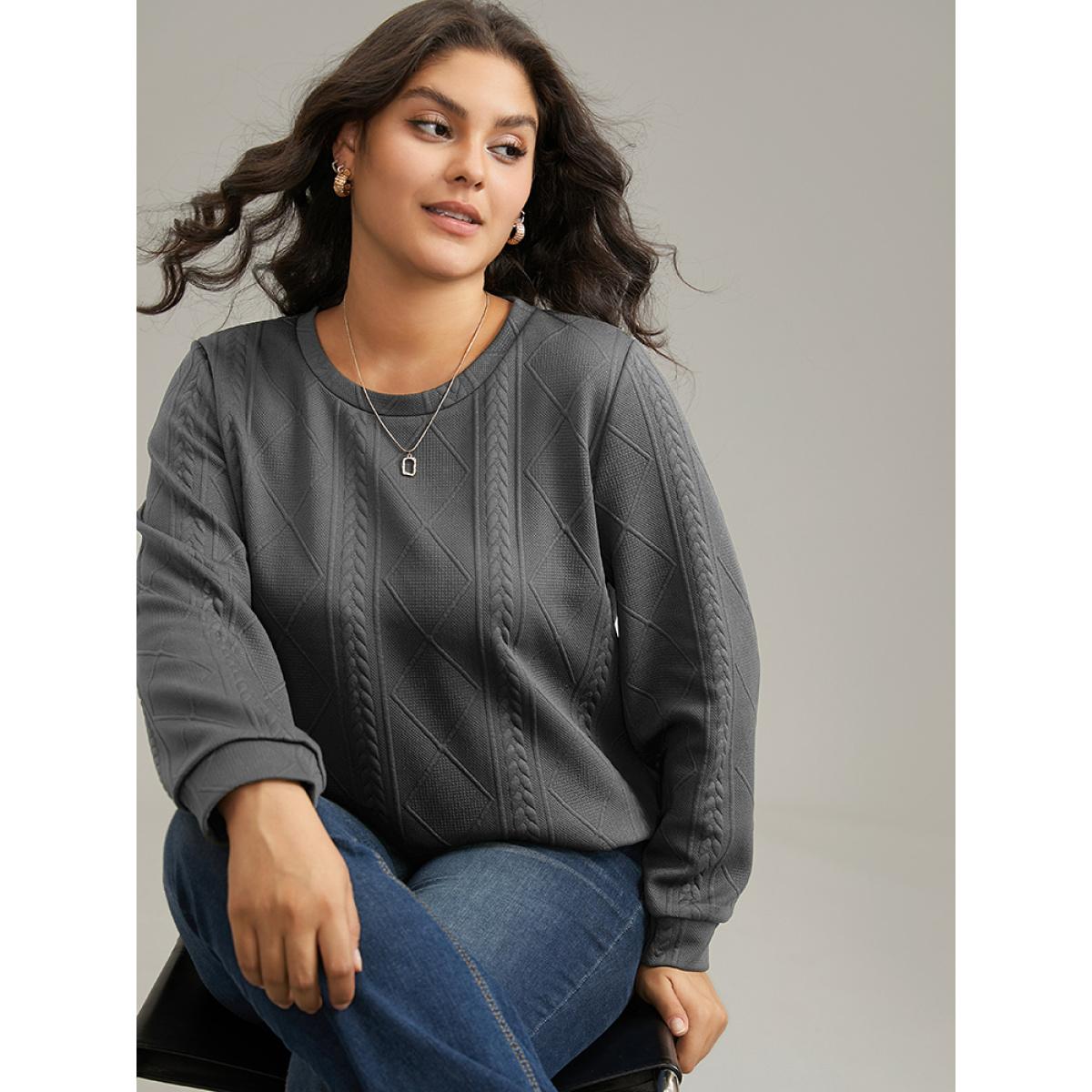 Plus Size Plain Textured Round Neck Sweatshirt Women Gray Casual Non Round Neck Everyday Sweatshirts BloomChic 26/4X Product Image
