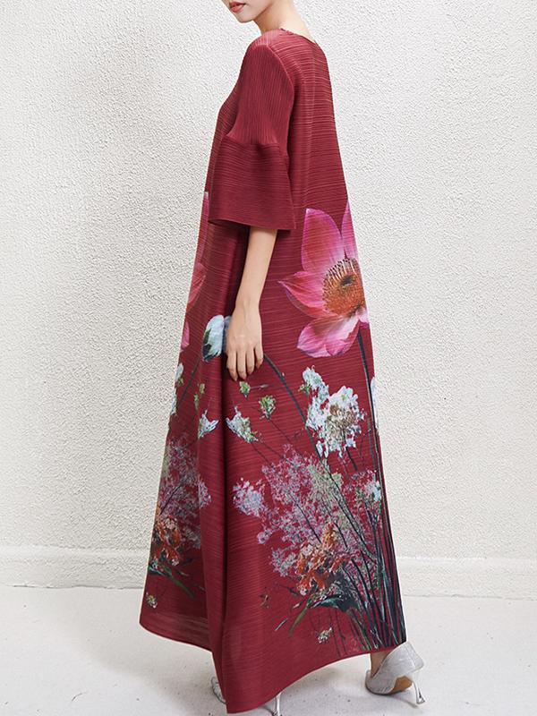 A-Line Flared Sleeves Flower Print Pleated V-Neck Maxi Dresses Product Image
