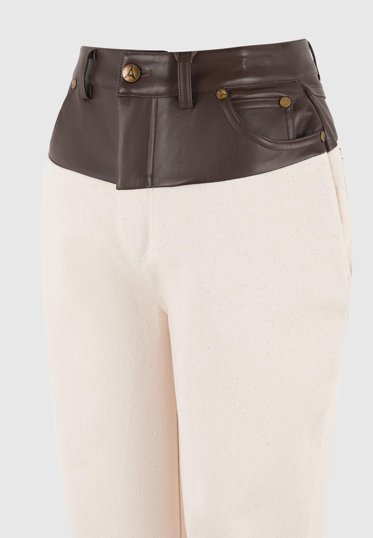 Renee - Leather & Denim Straight Leg Jeans - Cream/Brown Female Product Image