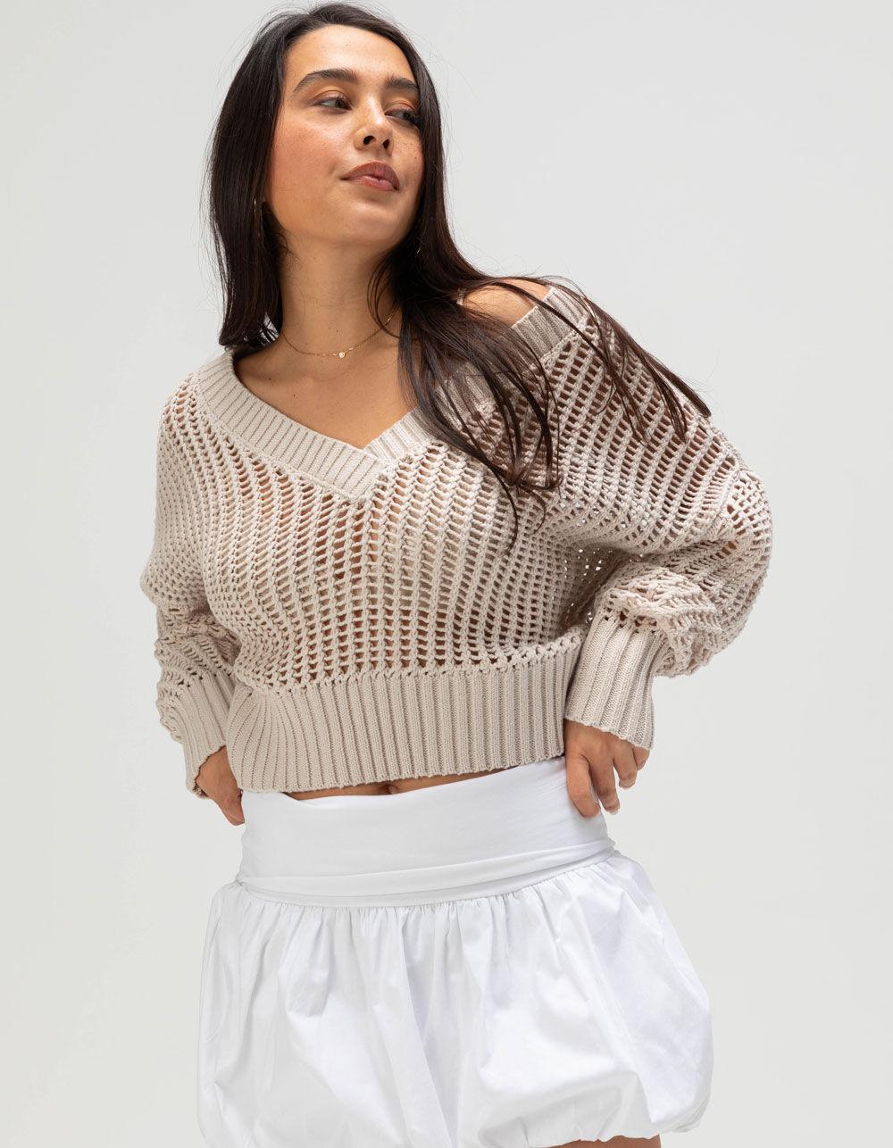 RSQ Womens Box Stitch V-Neck Sweater - OATMEAL Product Image