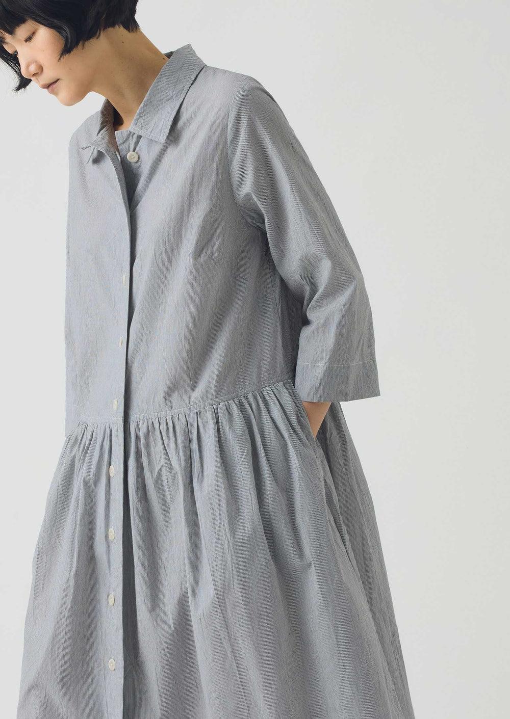 Fine Stripe Cotton Tie Shirt | Ecru/Slate Product Image