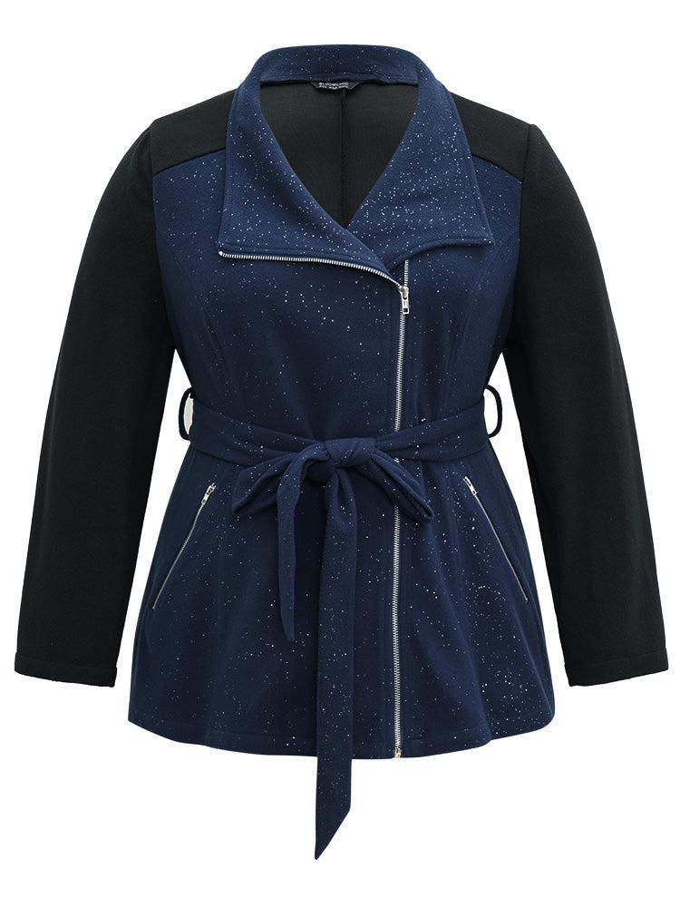 Contrast Glitter Belted Patchwork Zipper Coat Female Product Image