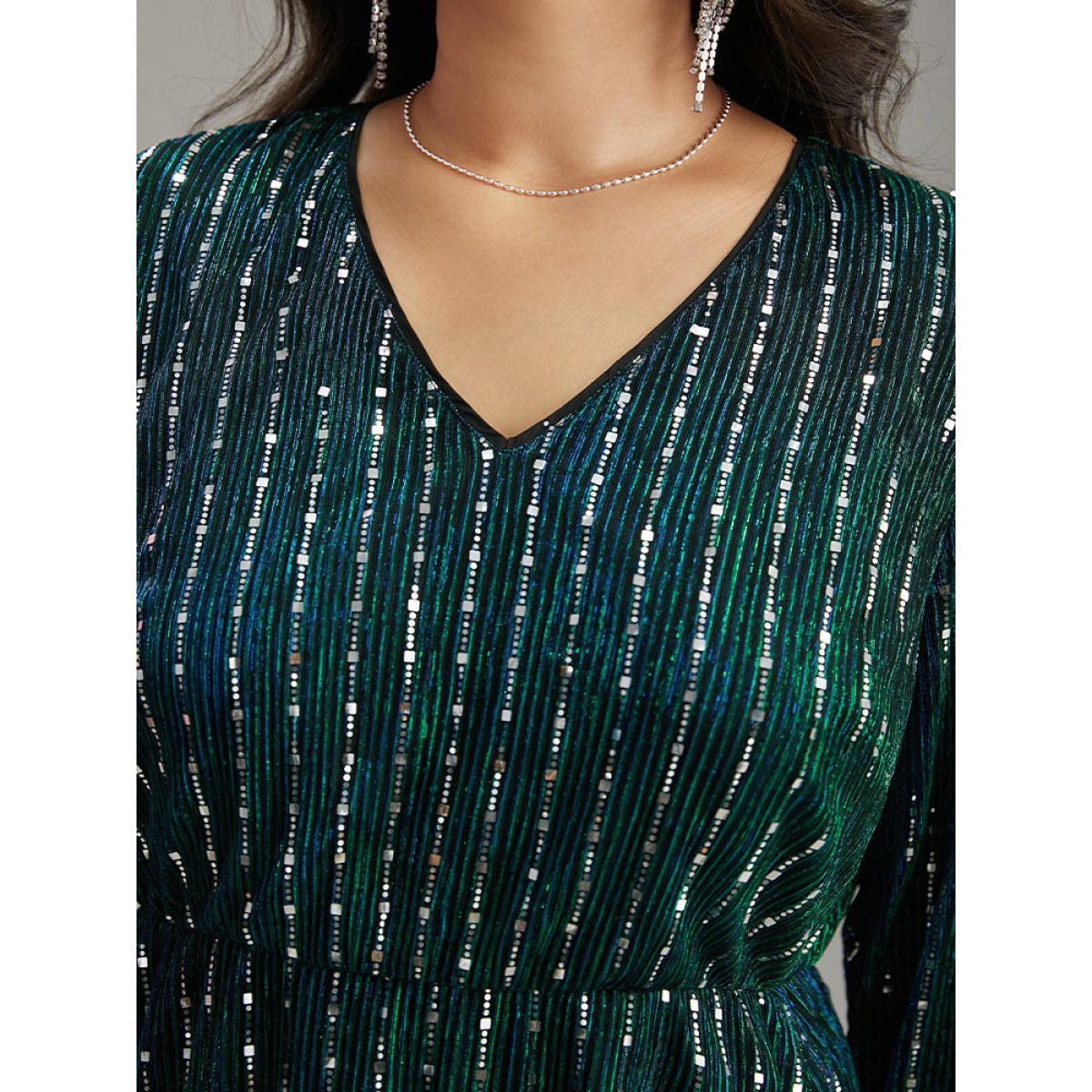 Plus Size Sequin Mesh V Neck Elastic Waist Dress DarkSlateGray Women Cocktail Sequin V-neck Long Sleeve Curvy Midi Dress BloomChic 22-24/3X Product Image
