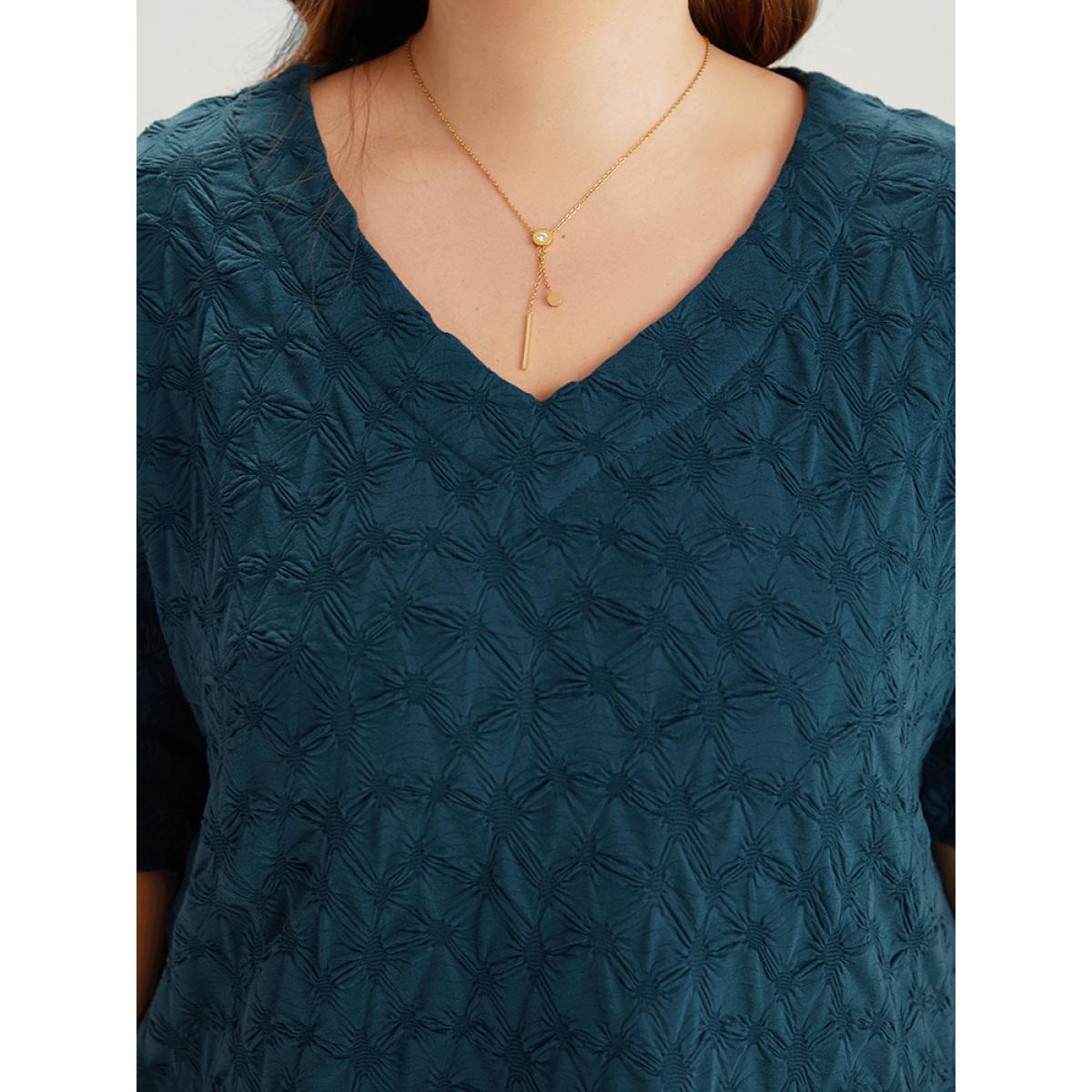 Plus Size Plain Textured V Neck Half Sleeve T-shirt Cyan Women Elegant Texture Plain V-neck Dailywear T-shirts BloomChic 30/6X Product Image