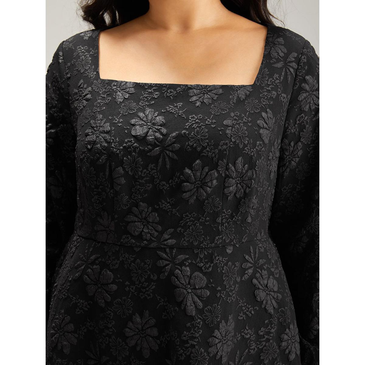 Plus Size Floral Print Plisse Pocket Lantern Sleeve Dress Black Women Cocktail Elastic cuffs Square Neck Long Sleeve Curvy Midi Dress BloomChic 10/M Product Image