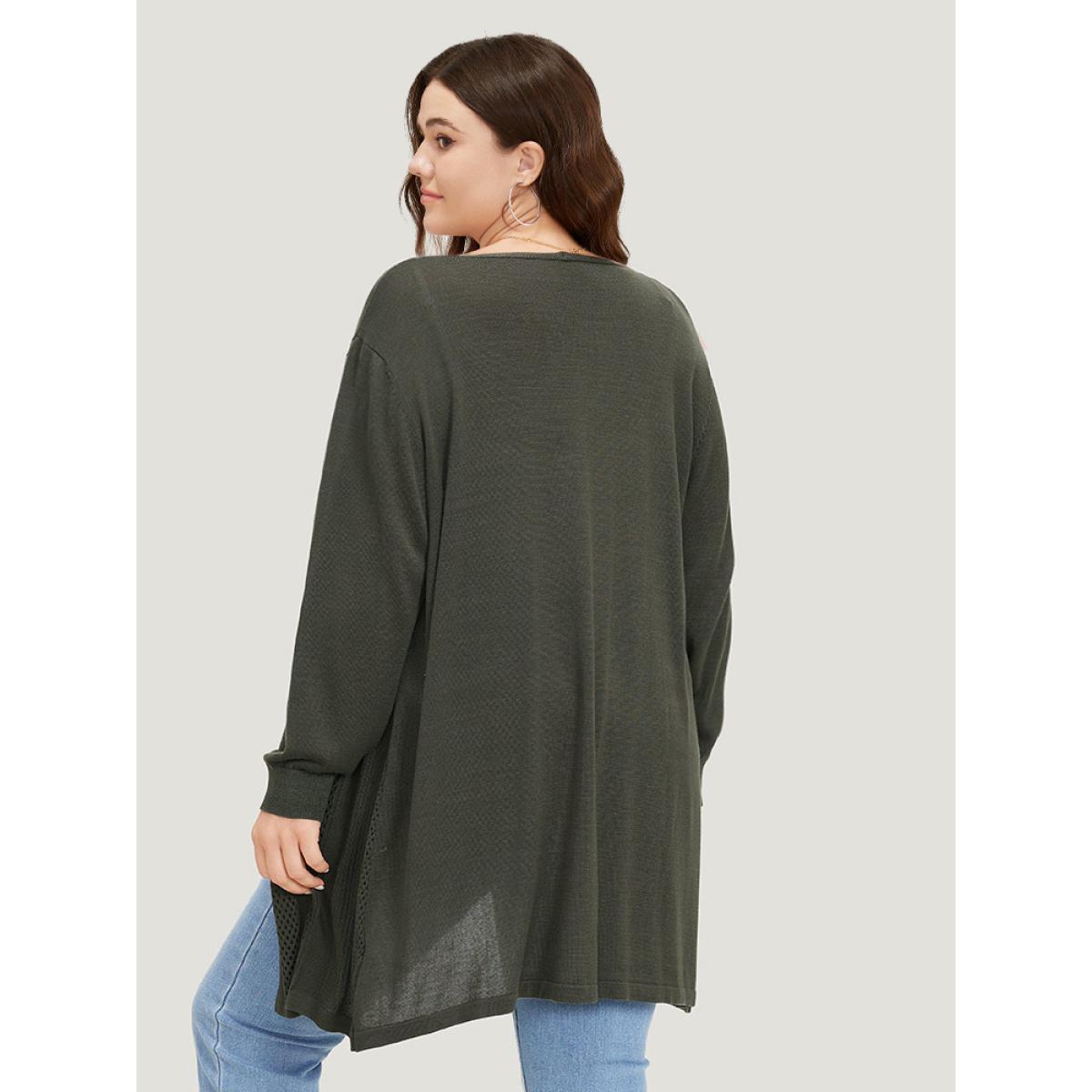 Plus Size Supersoft Essentials Solid Open Front Geo Eyelet Cardigan ArmyGreen Women Casual Loose Long Sleeve Everyday Cardigans BloomChic 12/L Product Image