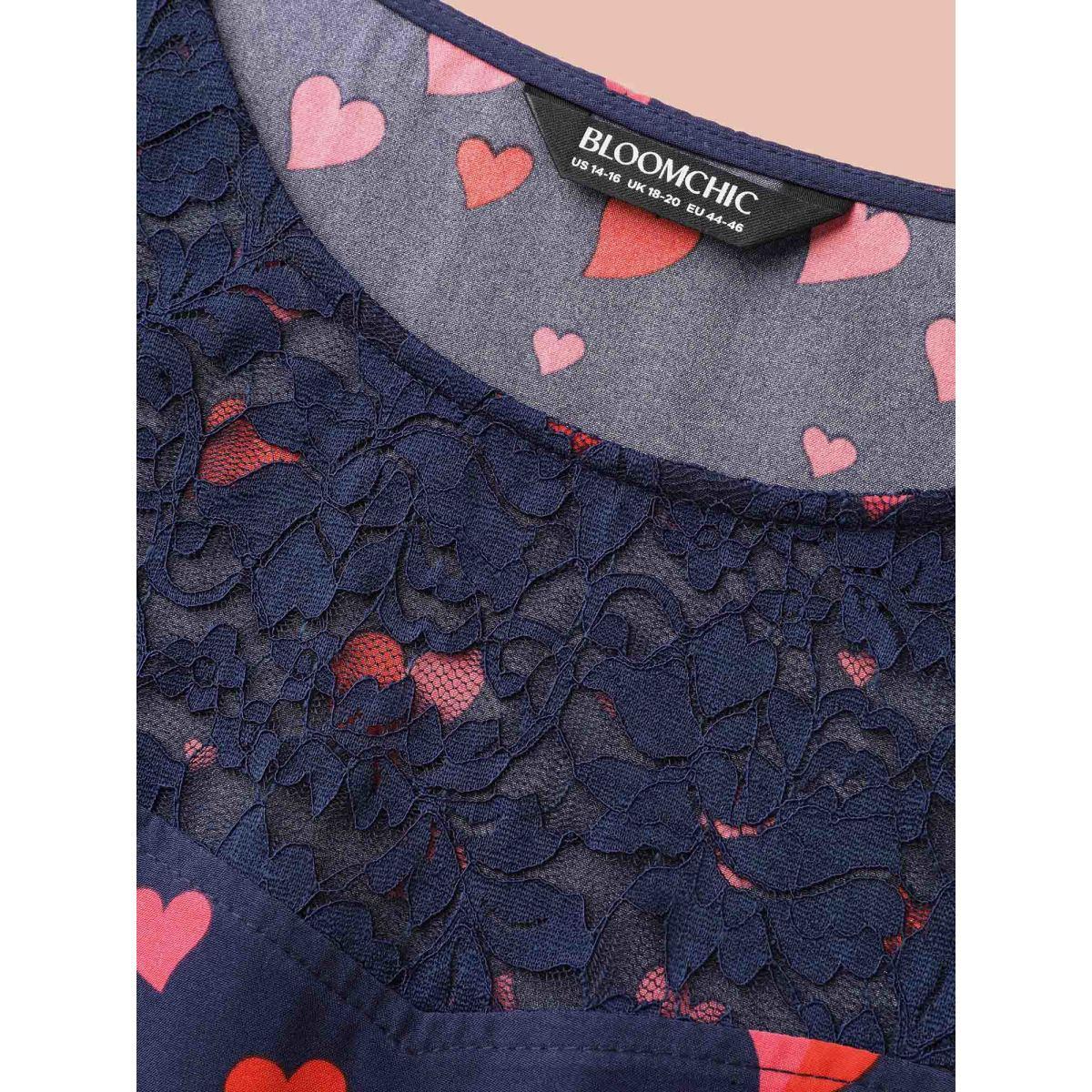 Plus Size Lace Insert Heart Print Waist-Tie Dress DarkBlue Women Elegant Woven ribbon&lace trim Round Neck Elbow-length sleeve Curvy BloomChic 10/M Product Image