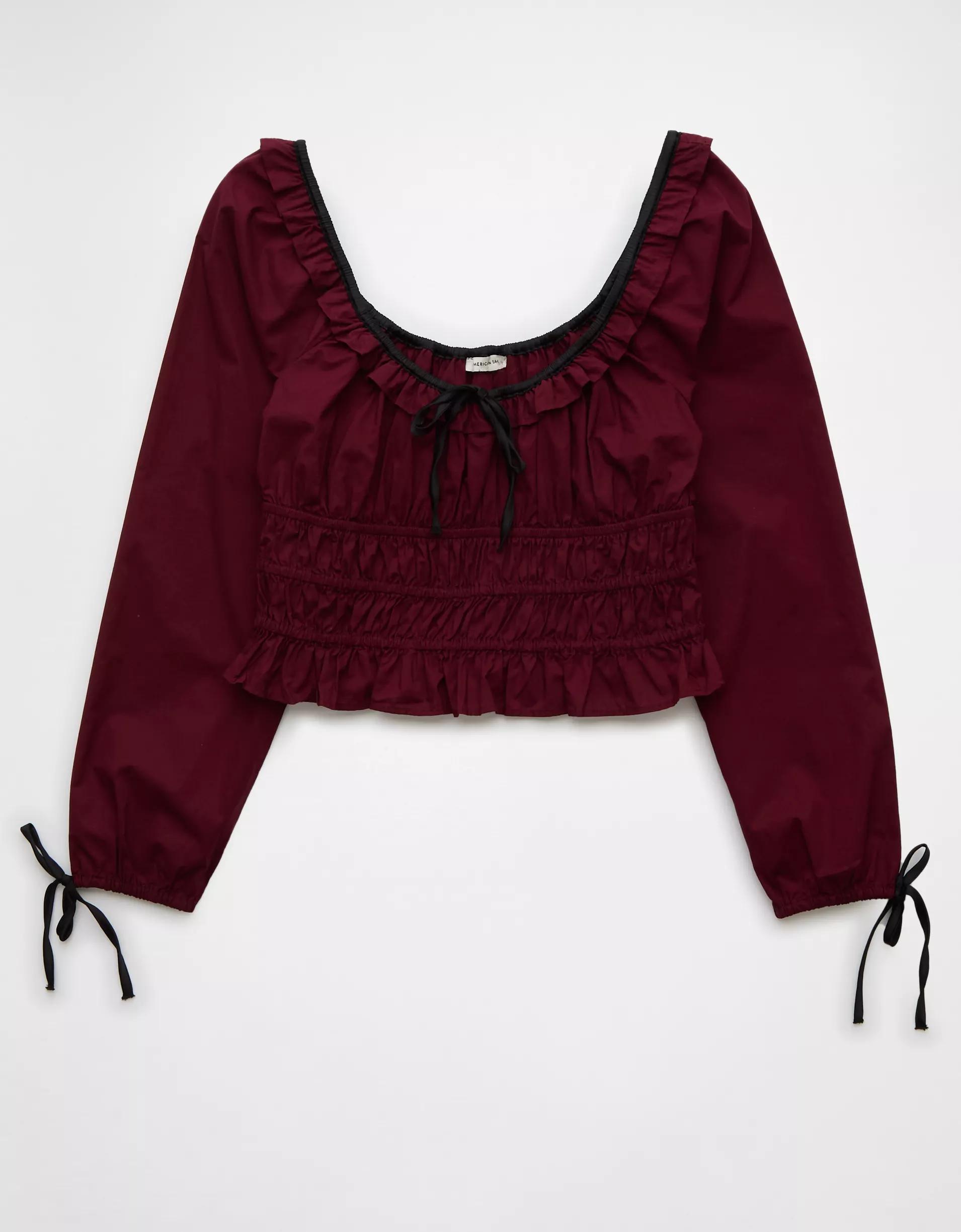 AE Long-Sleeve Ruched Poplin Blouse Product Image