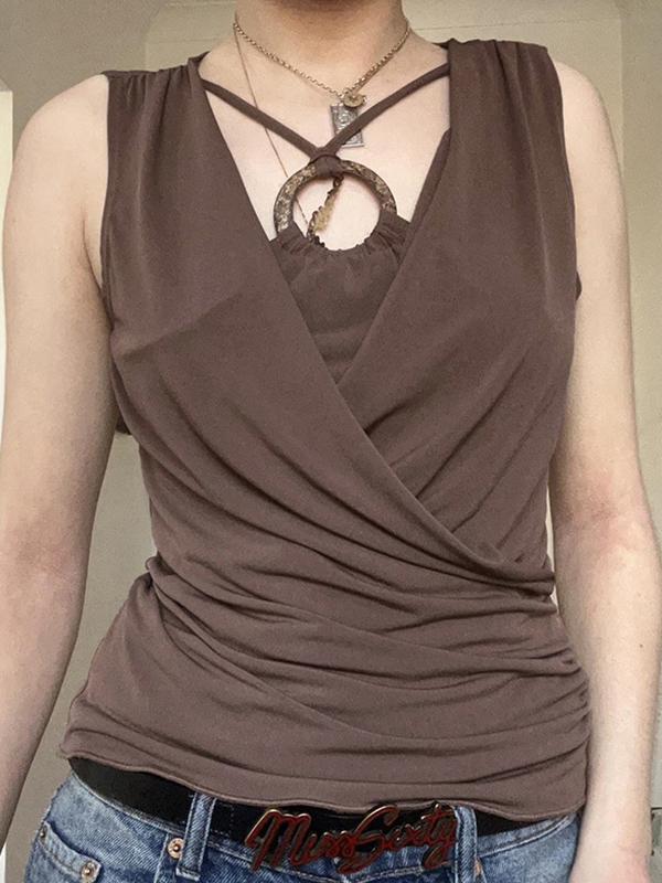 Faux Two-Piece Crossover Neckline Round Neck Tank Top Product Image