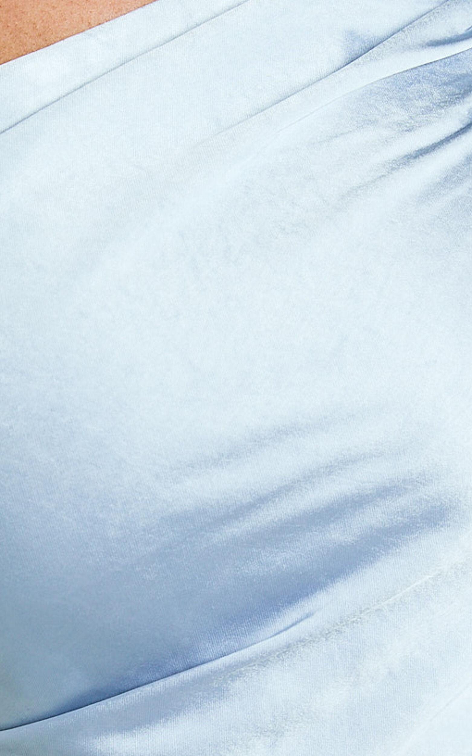 Leighton Maxi Dress - One Shoulder Ruched Thigh Split Slip Dress in Blue Product Image