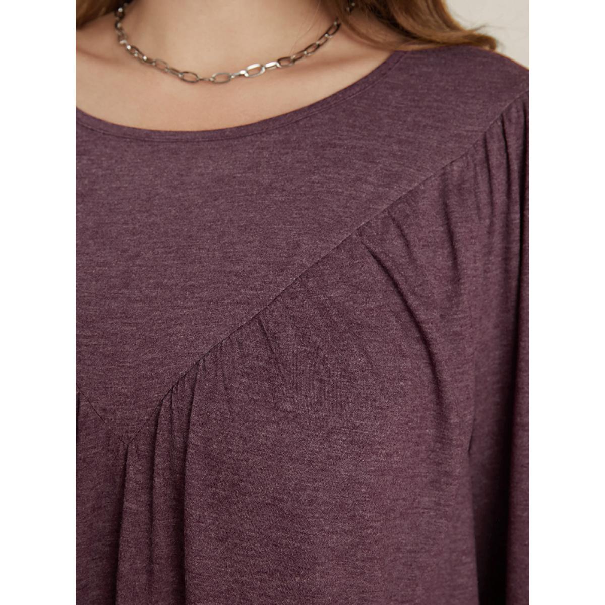 Plus Size DustyPink Solid Round Neck Gathered Lantern Sleeve Blouse Women Elegant Long Sleeve Round Neck Dailywear Blouses BloomChic 10/M Product Image