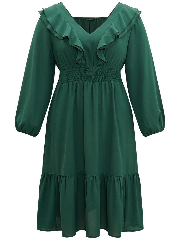 Solid Shirred Ruffle Trim Pleated Dress Female Product Image