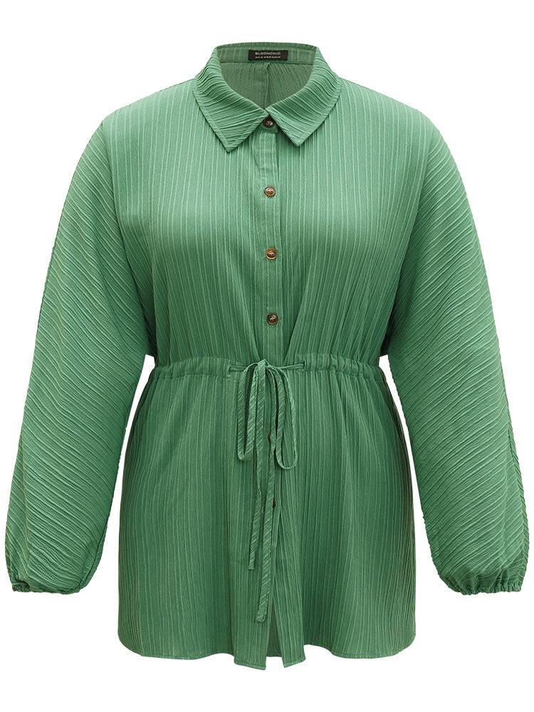 Plain Shirt Collar Drawstring Button Through Lantern Sleeve Coat Female Product Image