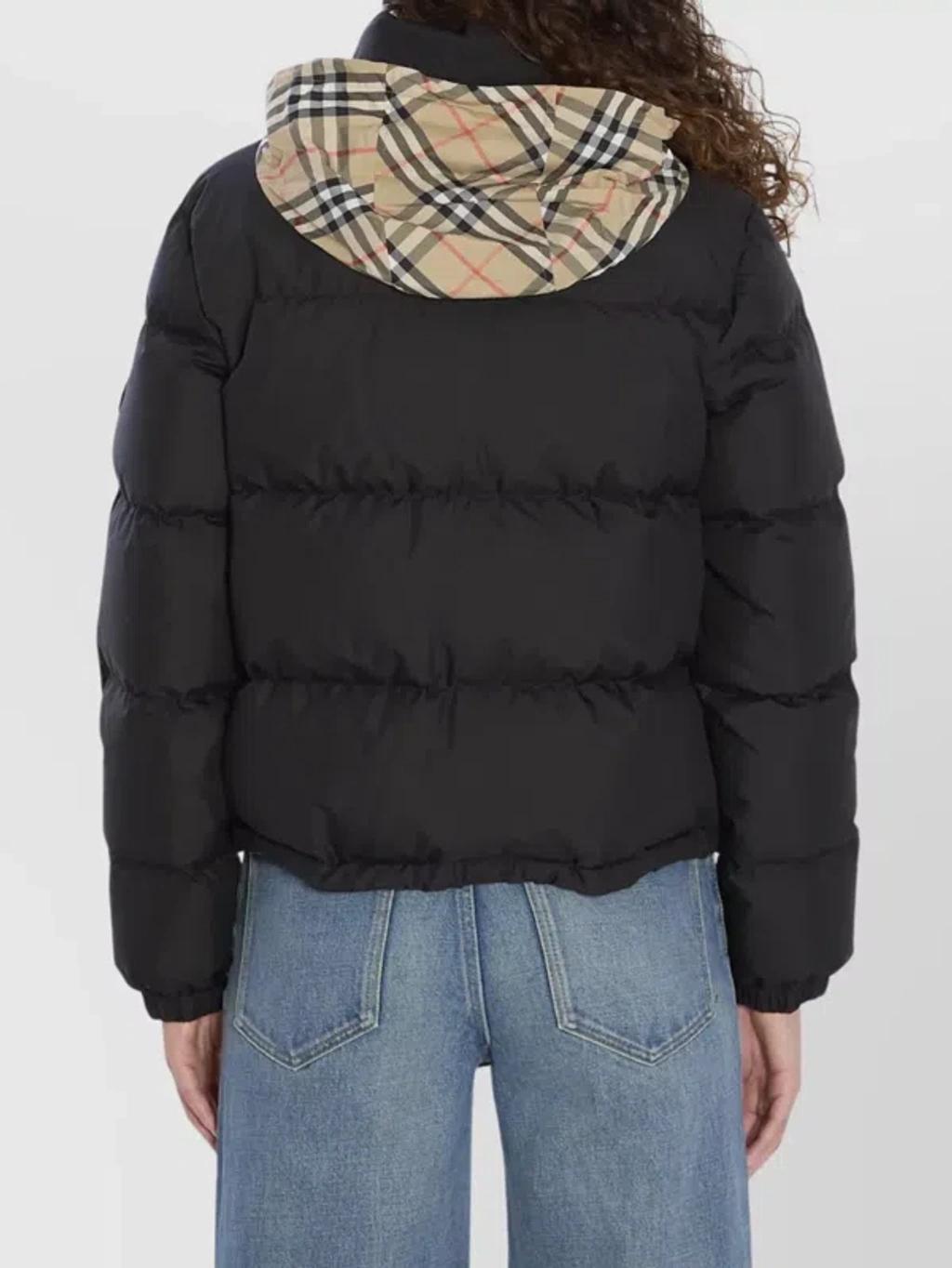 BURBERRY Zip Up Puffer Jacket Featuring Check Detail In Black Product Image