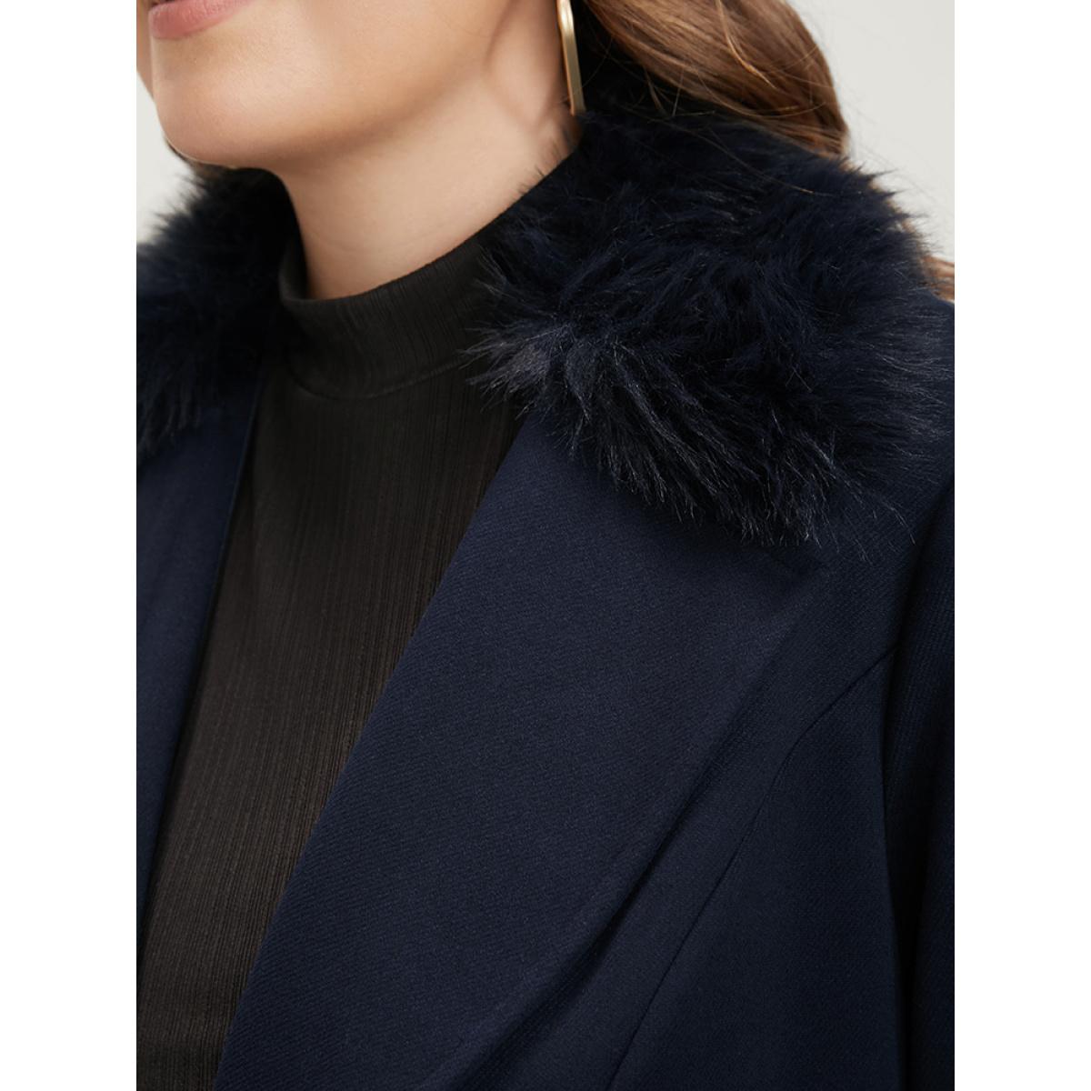 Plus Size Solid Pocket Single Breasted Fuzzy Trim Coat Without Belt Women DarkBlue Elegant Patchwork Ladies Dailywear Winter Coats BloomChic 28/5X Product Image
