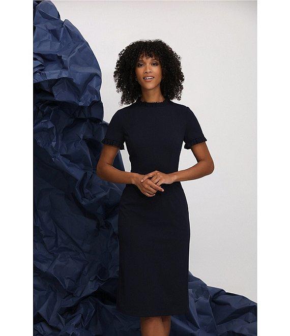 Maggy London Ruffle Mock Neck Short Sleeve Stretch Crepe Midi Pencil Sheath Dress Product Image