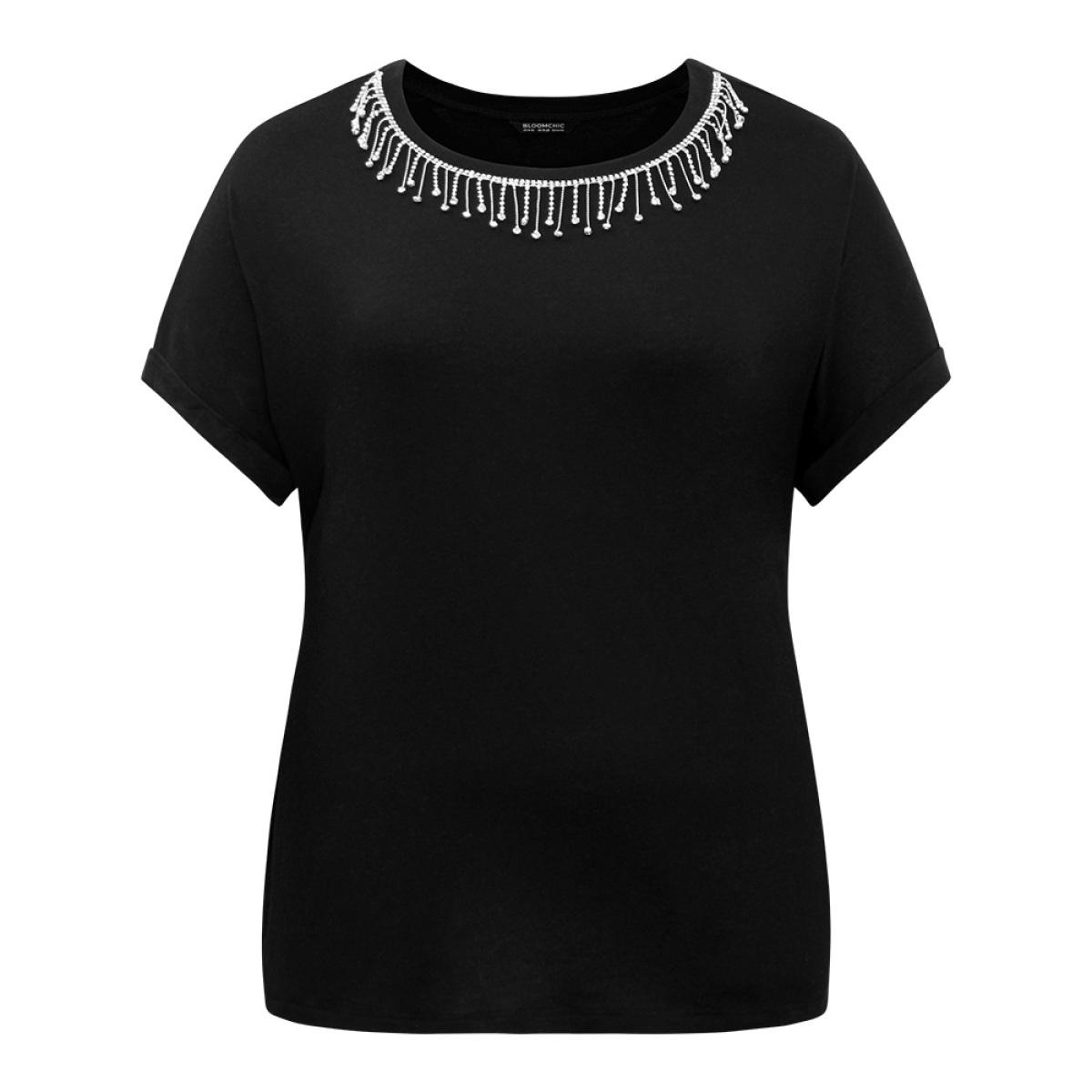 Plus Size Metal Tassel Detail Crew Neck T-shirt Black Women Elegant Tassels Plain Round Neck Dailywear T-shirts BloomChic 10/M Product Image