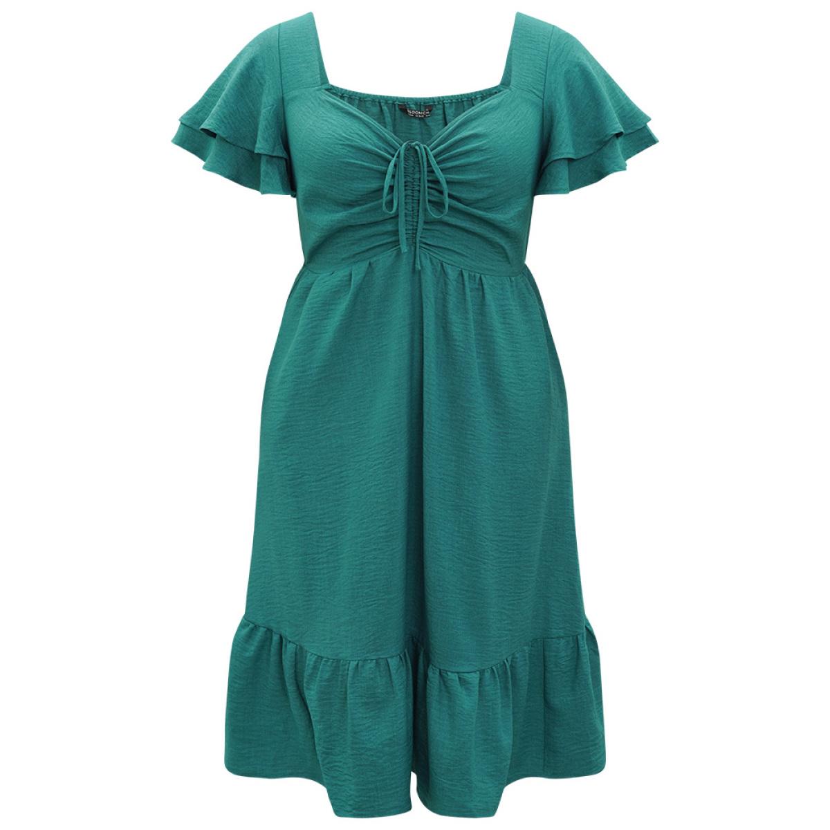 Plus Size Solid Drawstring Pocket Ruffle Trim Layered Dress Teal Women Elegant Gathered V-neck Short sleeve Curvy Midi Dress BloomChic 22-24/3X Product Image