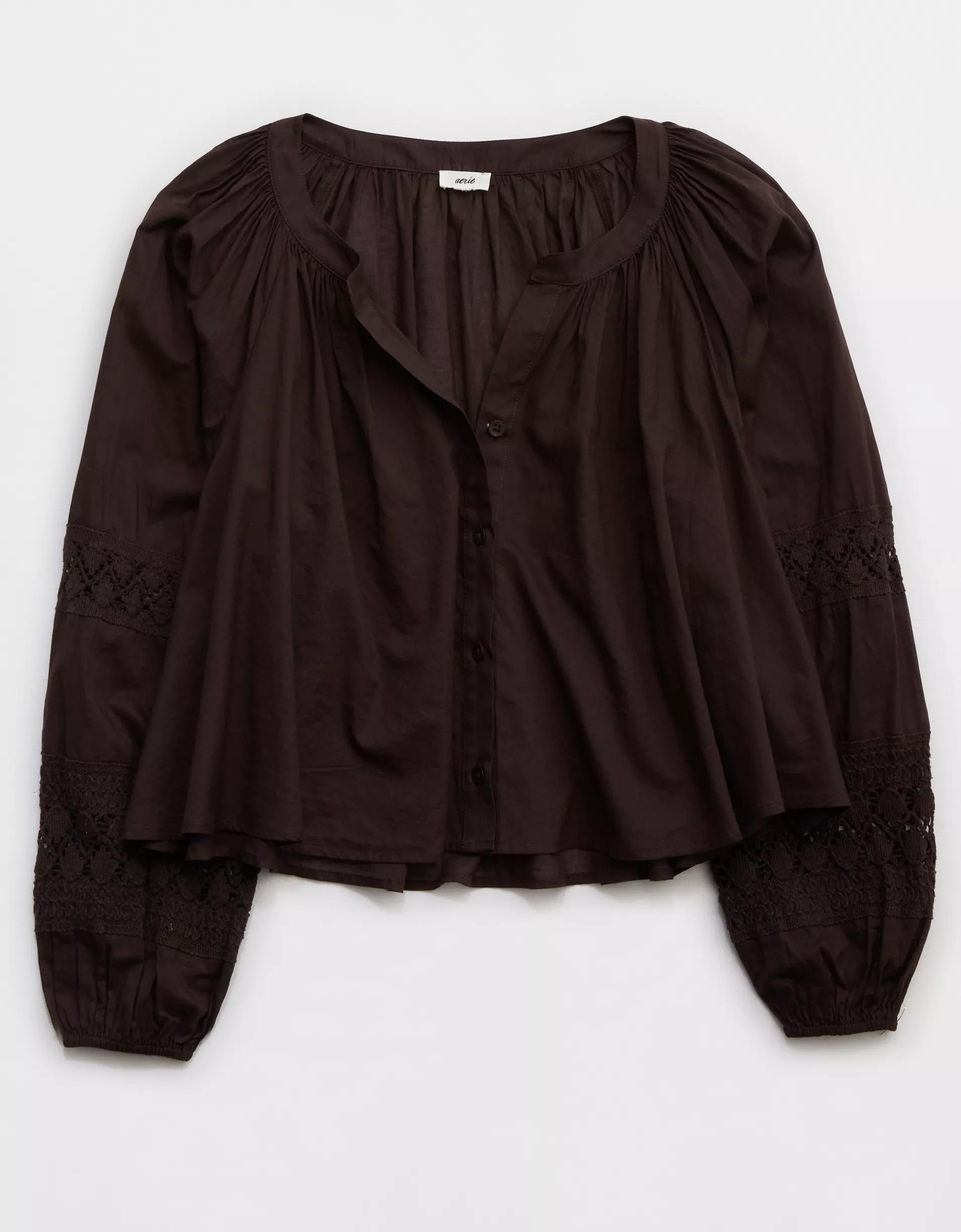 Aerie Long Sleeve Crochet Button Down Shirt Product Image