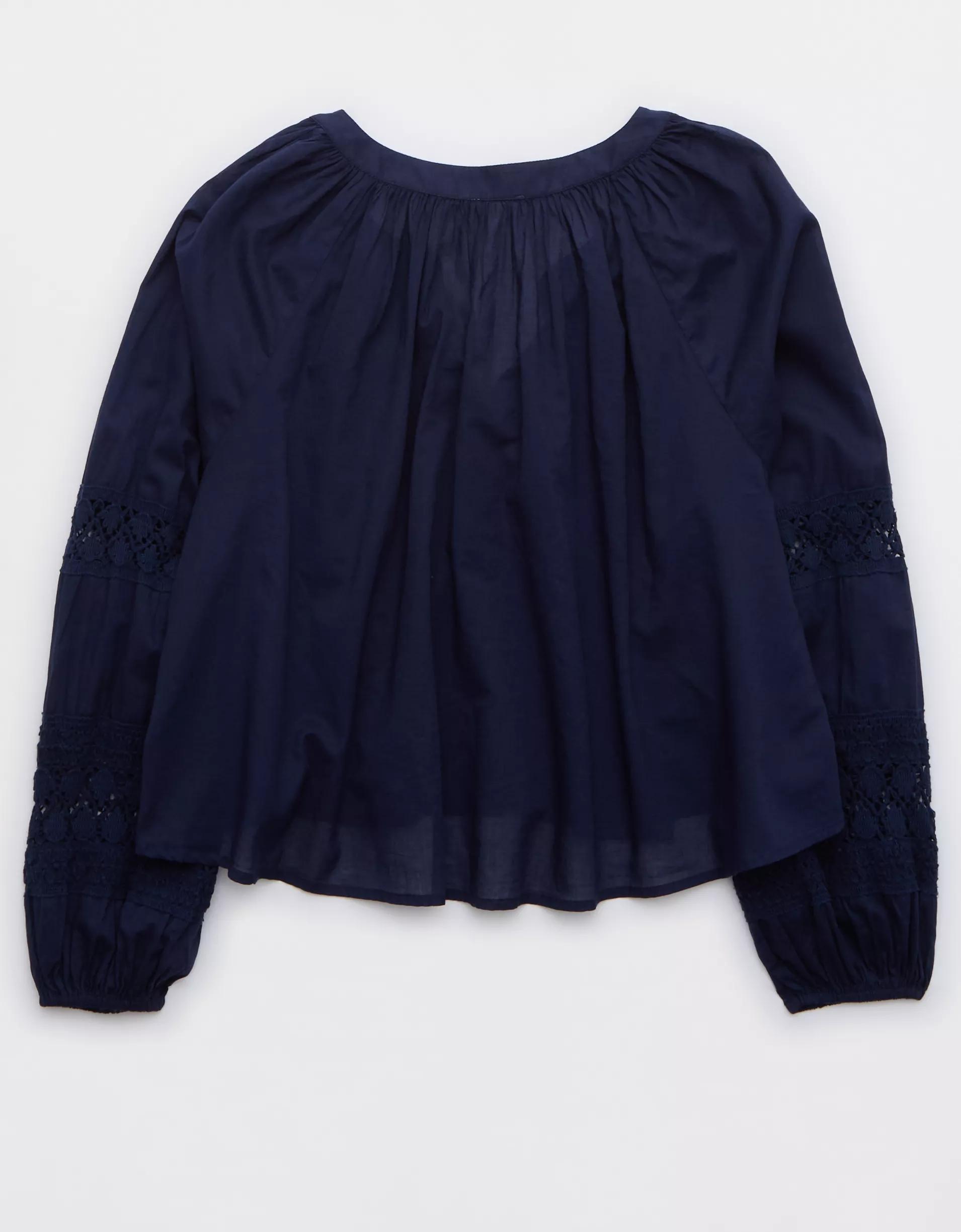 Aerie Long Sleeve Crochet Button Down Shirt Product Image