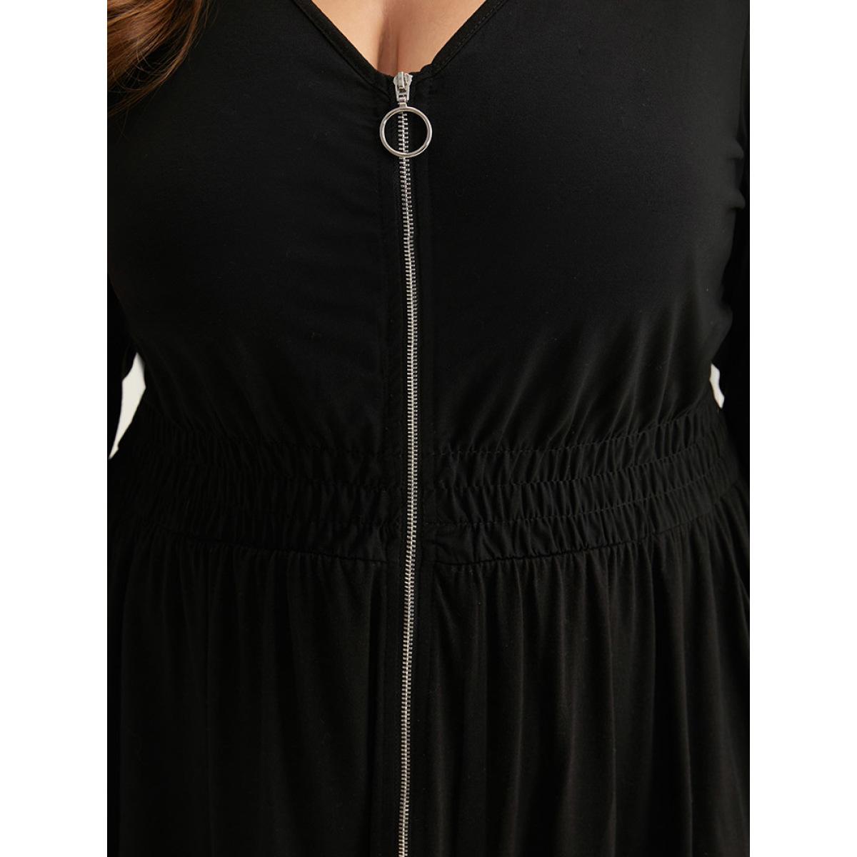 Plus Size Supersoft Essentials Solid Pocket Zipper Shirre Dress Black Women Basics Plain V-neck Long Sleeve Curvy Midi Dress BloomChic 10/M Product Image