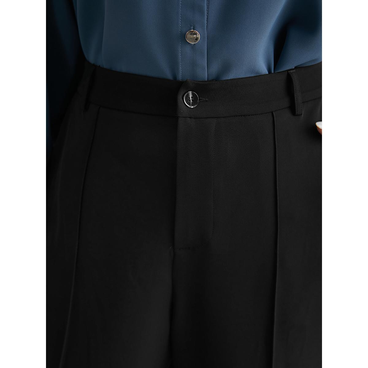 Plus Size Static-Free Solid Seam Detail Button Up Pants Women Black Office Straight Leg High Rise Work Pants BloomChic 10/M Product Image