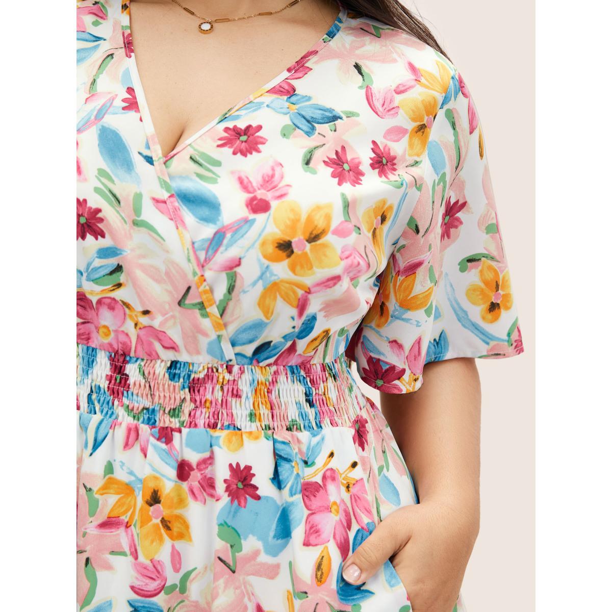 Plus Size Floral Overlap Collar Shirred Ruffle Sleeve Dress White Women Elegant Overlapping Overlap Collar Short sleeve Curvy BloomChic 10/M Product Image