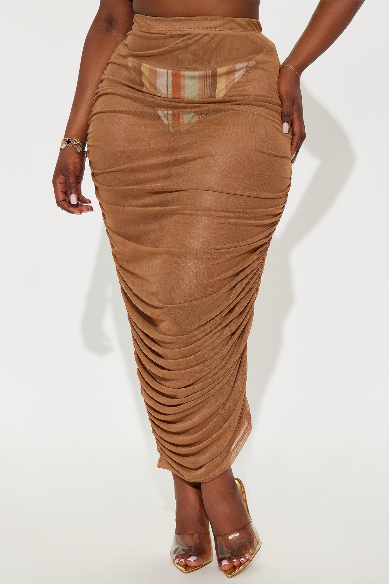 Summer Beach Party Ruched Mesh Cover Up Skirt - Mocha Product Image