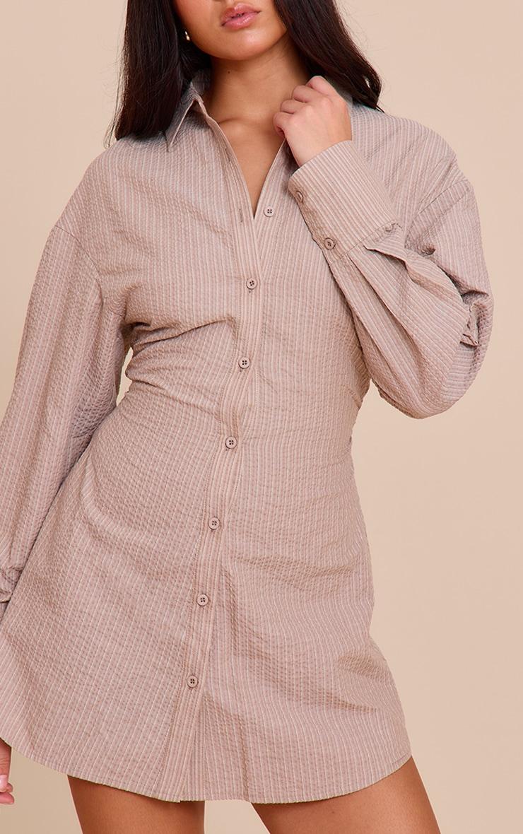 Taupe Pinstripe Seersucker Cinched Waist Shirt Dress Product Image