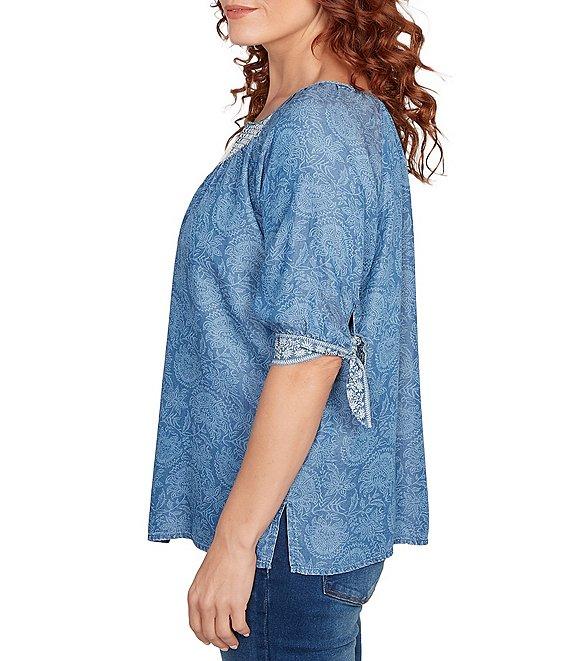 Ruby Rd. Petite Size Tencel™ Embroidered Allover Printed Keyhole Neck Elbow Tie Sleeve Top Product Image