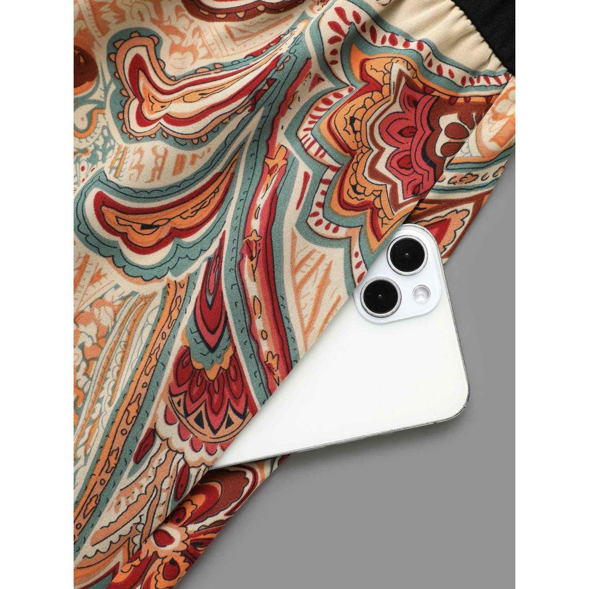 Plus Size Bandana Print Patchwork Elastic Waist Dress Black Women Resort Patchwork Mock Neck Elbow-length sleeve Curvy BloomChic 30/6X Product Image