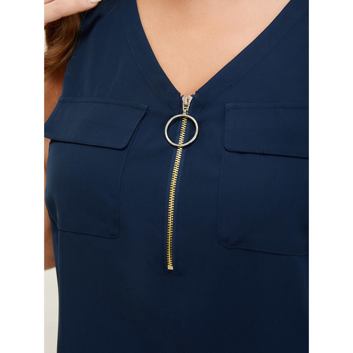 Plus Size Solid Half Zipper Flap Detail Tank Top Women Indigo Casual Zipper V-neck Dailywear Tank Tops Camis BloomChic 18-20/2X Product Image