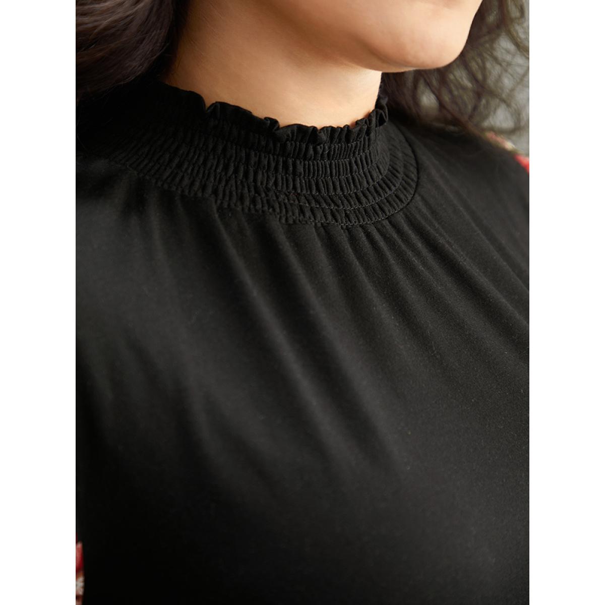 Plus Size Chiffon Floral Patchwork Shirred Mock Neck T-shirt Black Women Casual Elastic cuffs Floral Mock Neck Dailywear T-shirts BloomChic 10/M Product Image