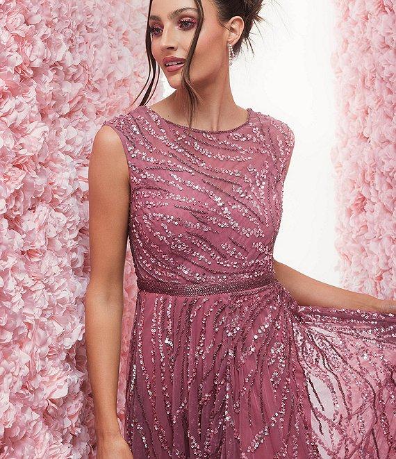 Mac Duggal Sequin Illusion Boat Neck Cap Sleeve A-Line Gown Product Image