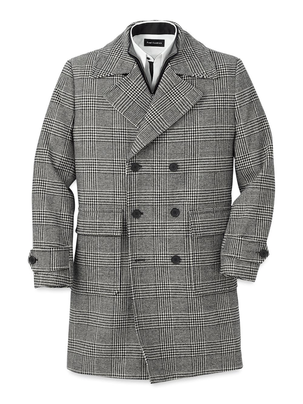 Wool Blend Plaid Double Breasted Topcoat - Black/white Product Image