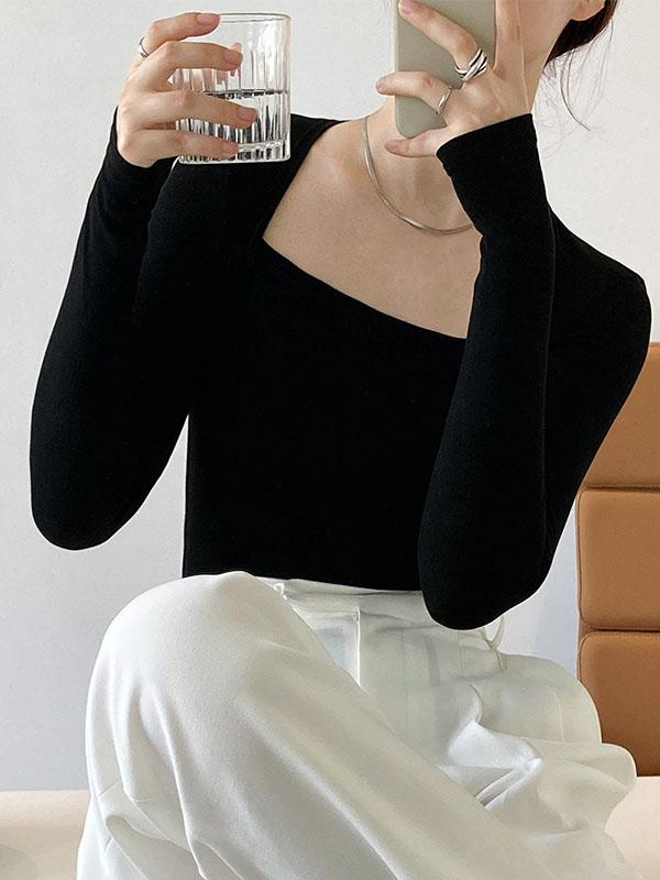 Long Sleeves Skinny Solid Color Square-Neck T-Shirts Tops Product Image
