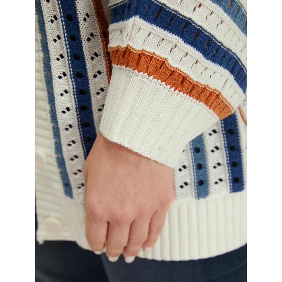 Plus Size Rainbow Striped Button Through Eyelet Cardigan Multicolor Women Casual Loose Long Sleeve Dailywear Cardigans BloomChic 26/4X Product Image