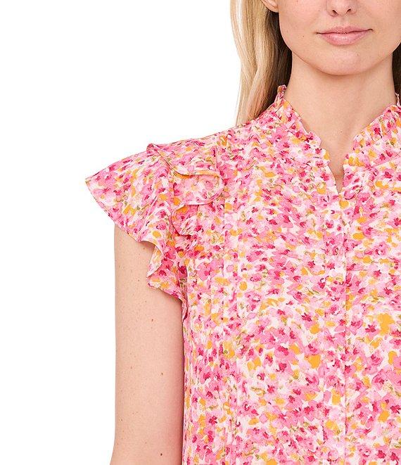 CeCe Crew Neck Short Sleeve Button Front Floral Blouse Product Image