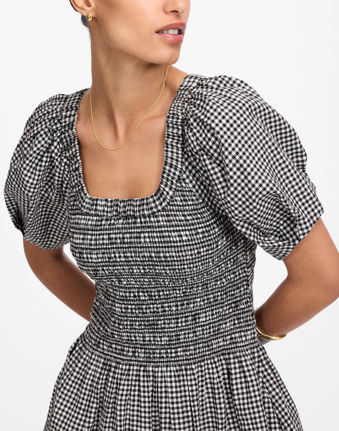 Smocked U-Neck Mini Dress in Gingham Product Image
