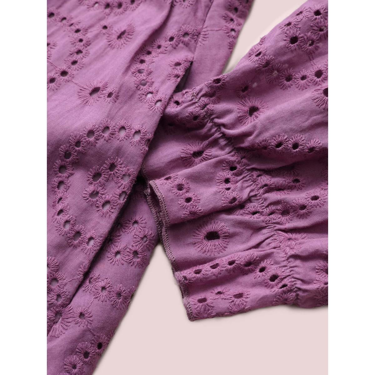 Plus Size Broderie Anglaise Gathered Square Neck Button Detail Dress Mauve Women Elegant Non Square Neck Elbow-length sleeve Curvy Midi Dress BloomChic 30/6X Product Image