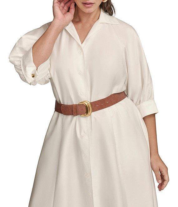 Donna Karan Plus Size Cotton Sateen Collared Neck Short Sleeve Belted Midi Shirt Dress Product Image