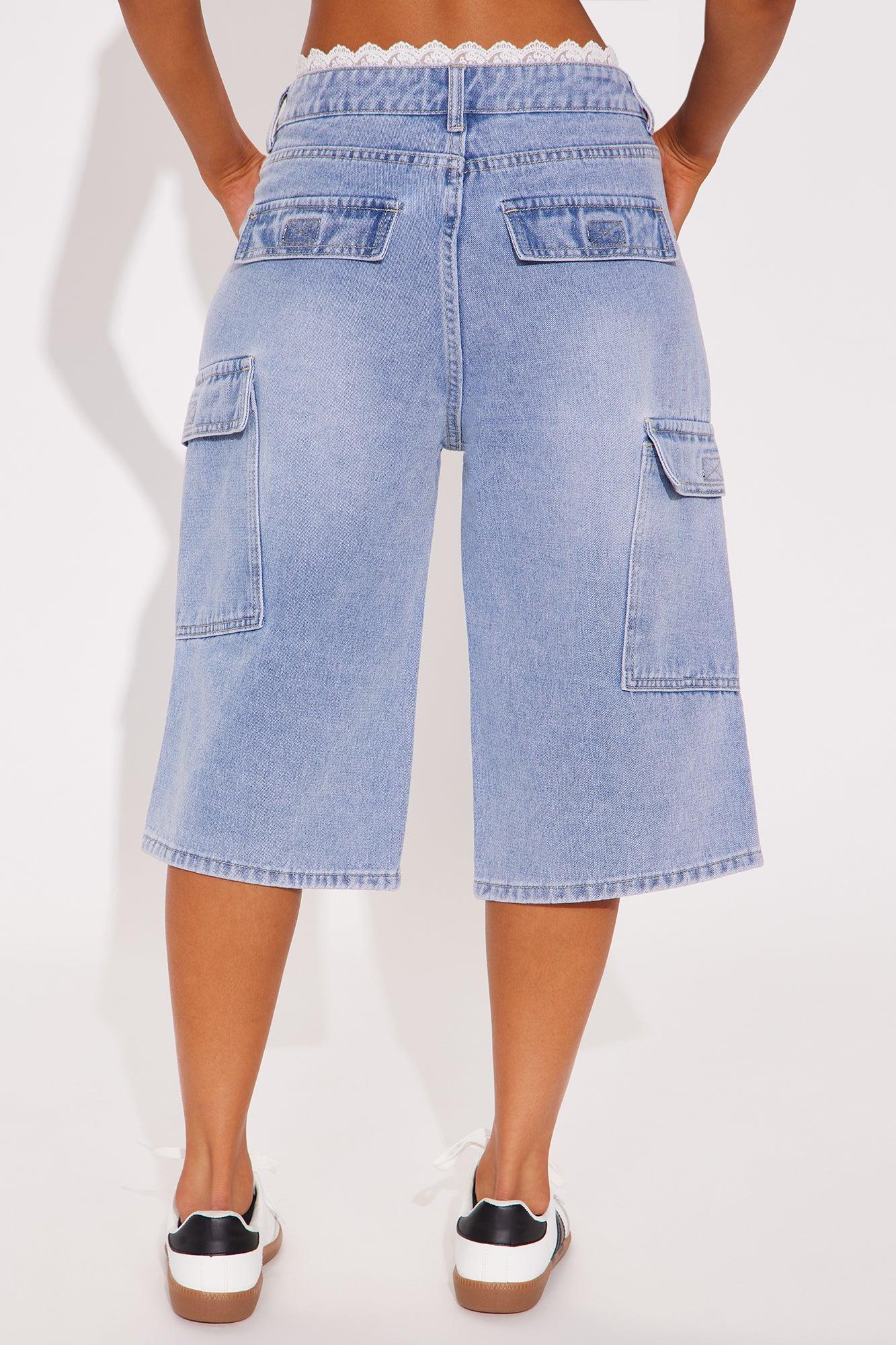 Somewhere Out There Lace Boxer Trim Denim Jorts - Light Wash Product Image