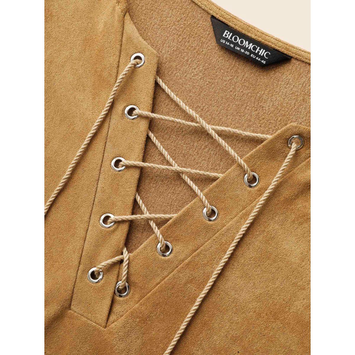 Plus Size Suede Stretchy Back-Waist Midi Dress Wheat Women Resort Eyelet Round Neck Short sleeve Curvy BloomChic 14-16/1X Product Image