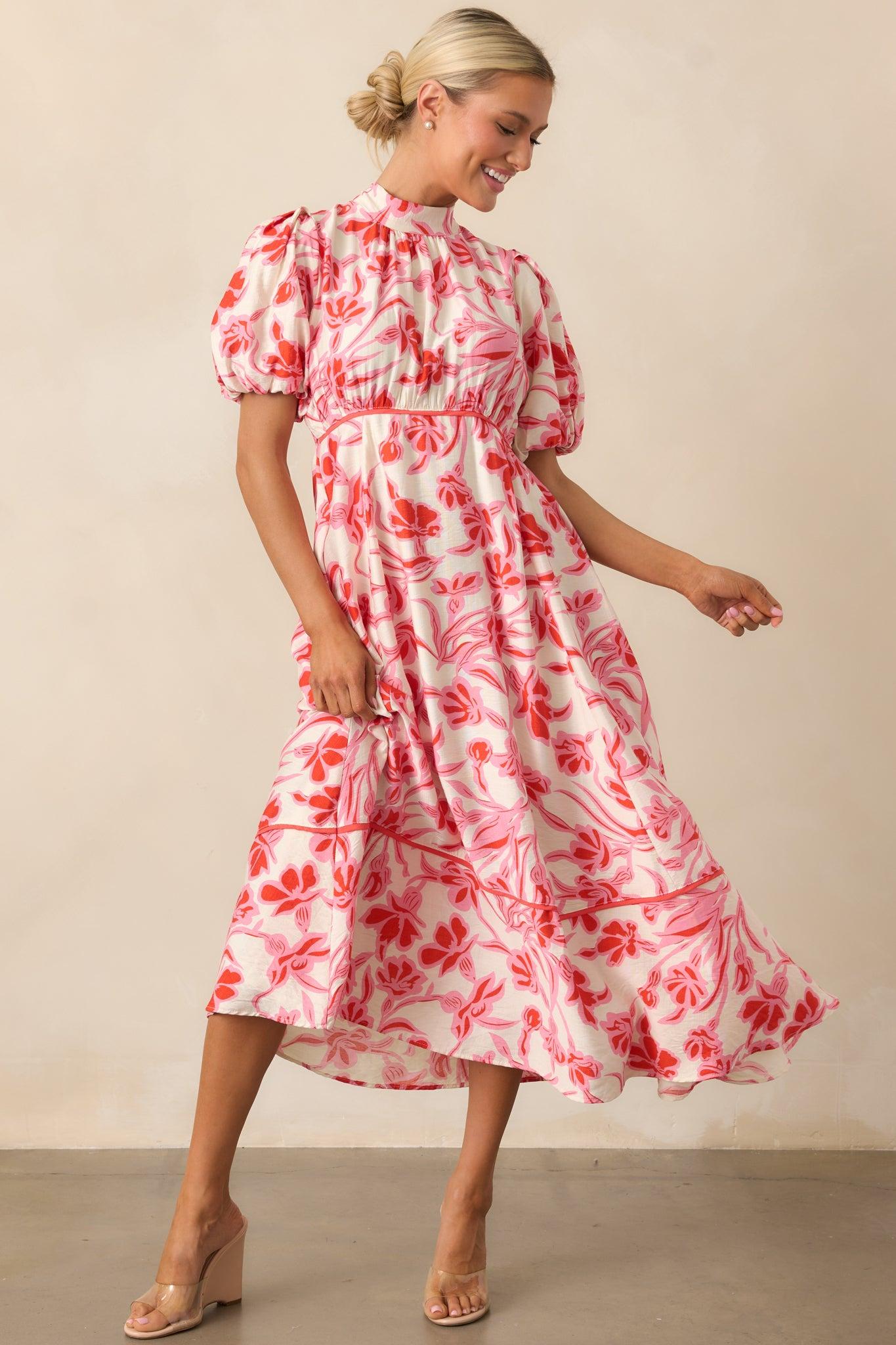 Blooming Season Pink Floral Puff Sleeve Midi Dress Product Image