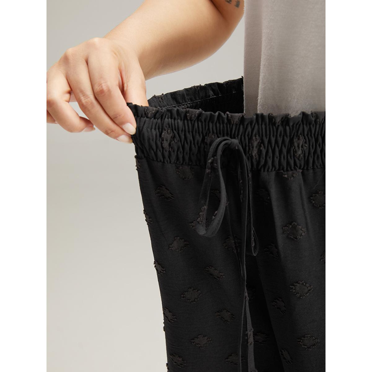 Plus Size Plain Textured Paperbag Waist Ties Pants Women Black Casual Straight Leg High Rise Dailywear Pants BloomChic 10/M Product Image