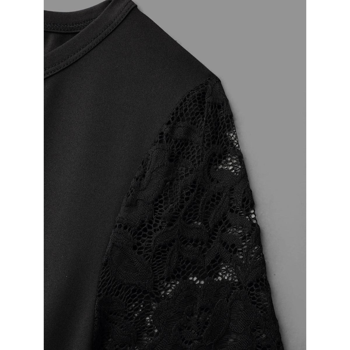 Plus Size Neck Cut-Out Lace Stretchy-Waist Midi Dress Black Women At the Office Texture Knit Dresses Bloomchic 30/6X Product Image