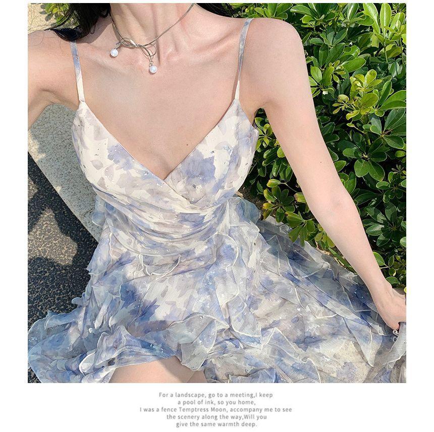 Spaghetti Strap Floral Slit Ruffle Trim Midi A-Line Sundress Product Image